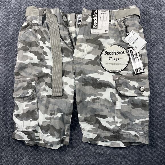 Beach Bros Shorts Mens Size 32 Camo Utility Cargo Canvas Belt-New with tag - Picture 1 of 10